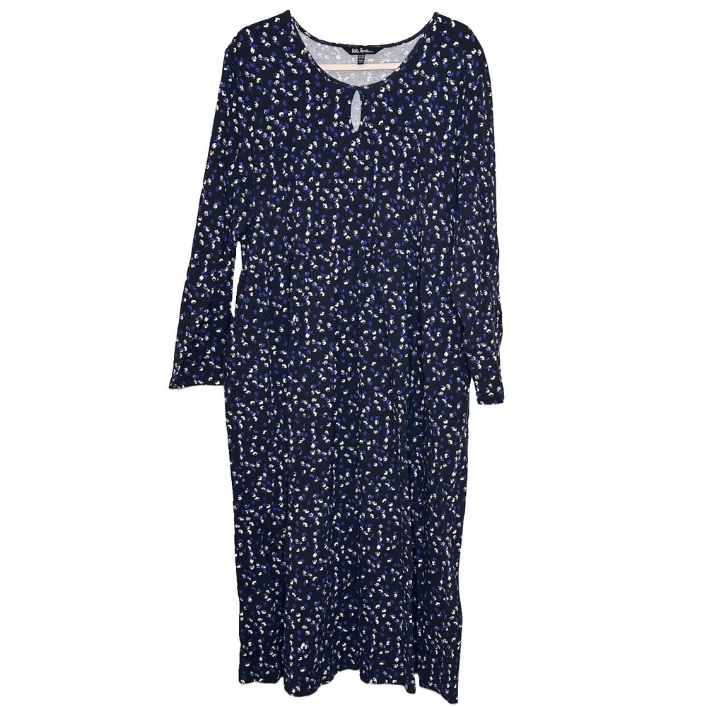 Ulla Popken Sz 20/22 Black White Purple Print Maxi Dress Cotton Key Hole Modest